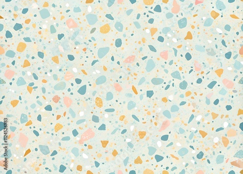 A pastel terrazzo pattern featuring soft speckles of pale pink, sky blue, and muted yellow.