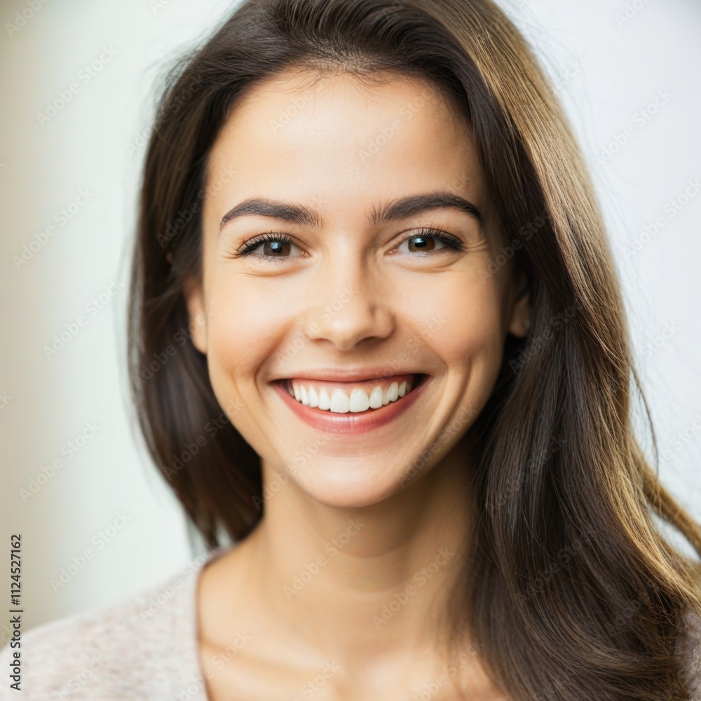 Young woman with a bright, cheerful smile, wearing a simple white top, background is white Young woman with a bright, cheerful smile, wearing a simple white top, background is white