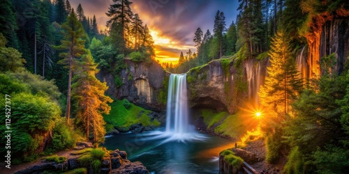 Oregon's Toketee Falls at night, a majestic forest scene captured realistically. photo