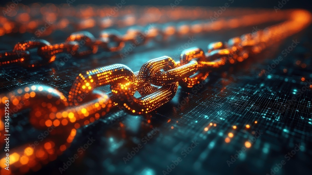 Glowing Digital Chains Connected in a High-Tech Environment with Futuristic Data Representation and Abstract Light Effects in a Dark Setting Glowing Digital Chains Connected in a High-Tech Environment with Futuristic Data Representation and Abstract Light Effects in a Dark Setting