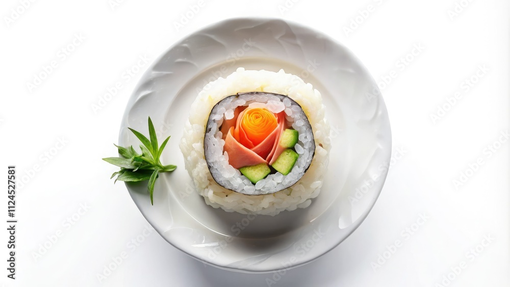 Overhead shot: single sushi roll, double exposure effect, isolated on a pristine white plate. Overhead shot: single sushi roll, double exposure effect, isolated on a pristine white plate.