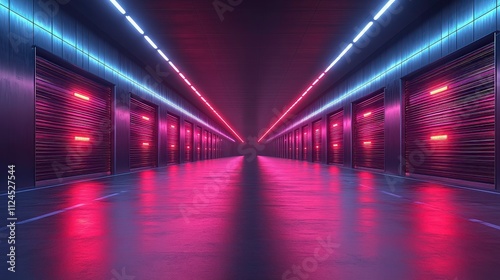 Futuristic Storage Facility with Neon Lights Illuminating Long Hallway and Metallic Shutters in a High-Tech Environment for Modern Aesthetics