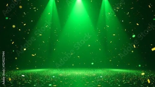 Green confetti rain on festive stage with light beam in the middle, empty room at night, mockup with copy space for award ceremony, photo