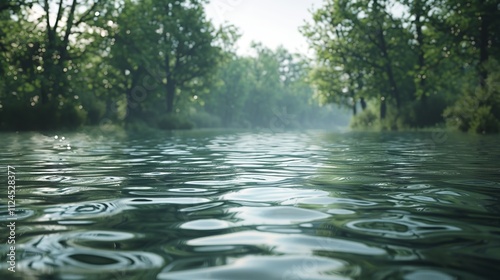 Close-up of water surface with a splash and droplets, featuring sunlit bokeh and a serene, natural background.