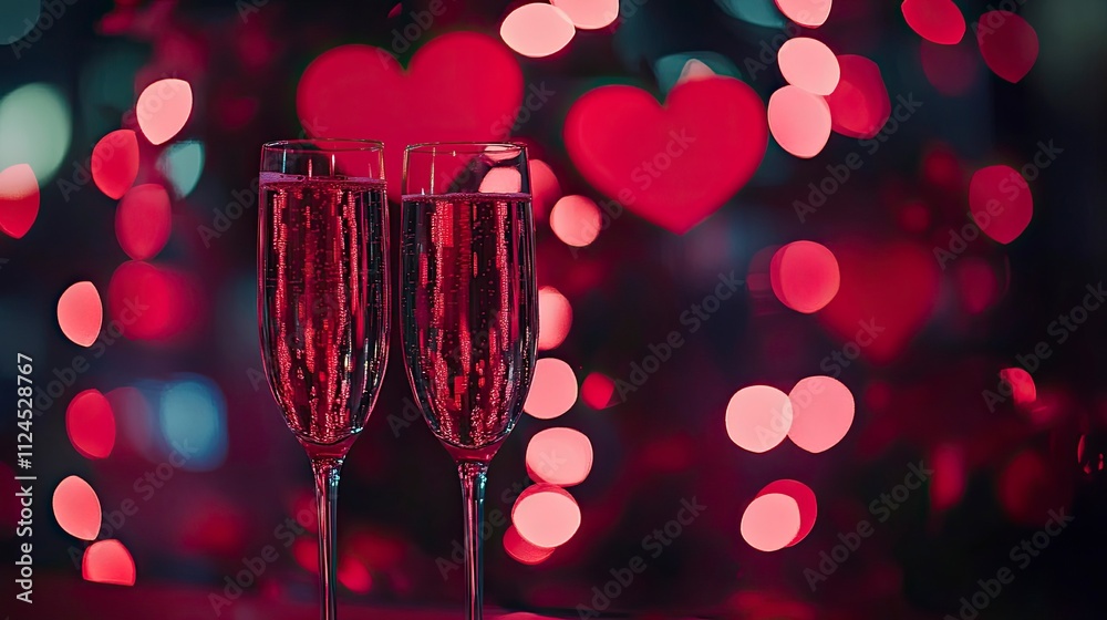 Conceptual image with two champagne flute glasses over red heart shaped bokeh lights. Romantic dinner for st Valentine's day. Close up, copy space. love Red bokeh background. Conceptual image with two champagne flute glasses over red heart shaped bokeh lights. Romantic dinner for st Valentine's day. Close up, copy space. love Red bokeh background.