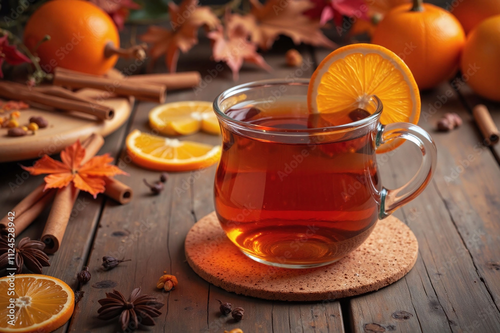 Autumnal table with tea and dried fruits and spices Autumnal table with tea and dried fruits and spices