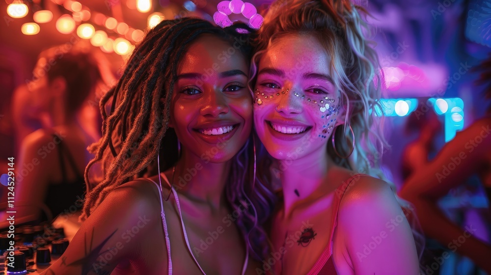Two smiling women at a vibrant night club. Two smiling women at a vibrant night club.