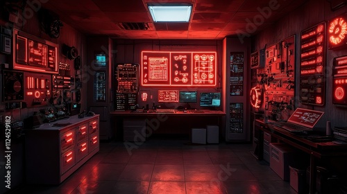 A Futuristic Control Room with Red Lighting and Complex Technology Panels, Displaying Electronic Circuits, Digital Screens, and High-Tech Equipment in a Sci-Fi Atmosphere