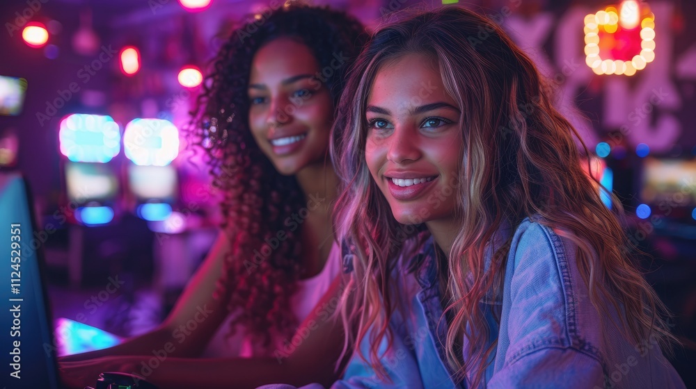 Two smiling women gaming at an arcade. Two smiling women gaming at an arcade.