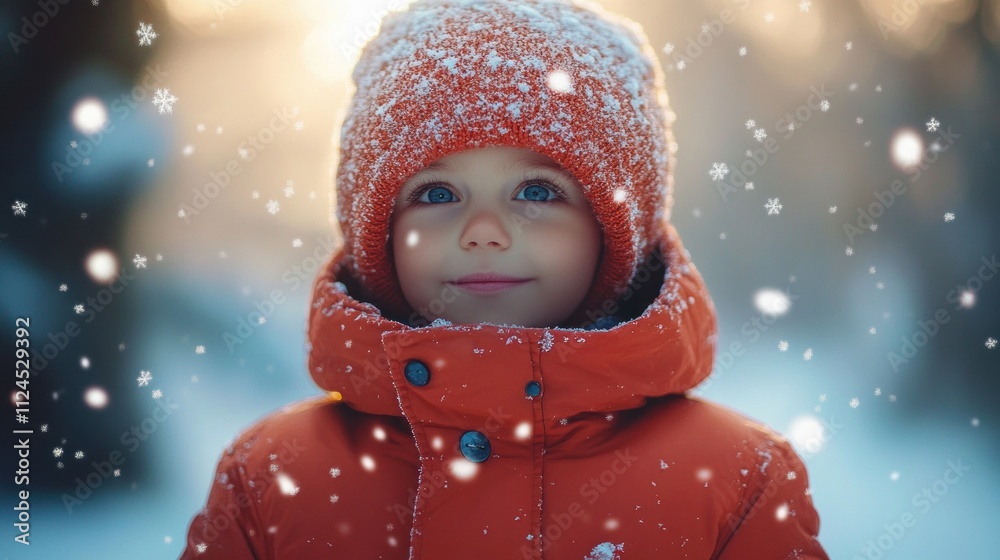 Cute baby girl in winter clothes playing outside in snow on Christmas holiday with smile and joy Cute baby girl in winter clothes playing outside in snow on Christmas holiday with smile and joy