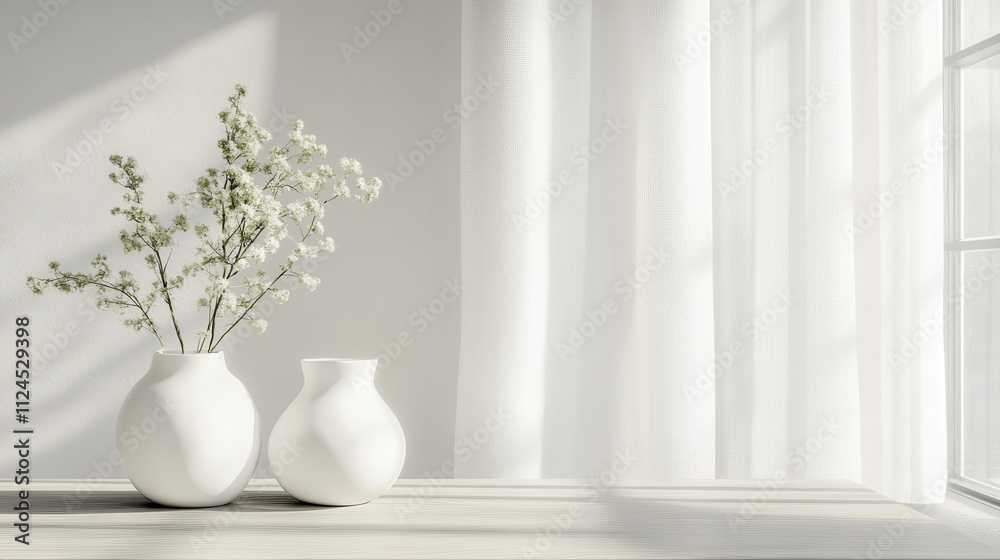 Serene Minimalist Interior with White Vases and Delicate Flowers Bathed in Soft Natural Light Illuminating a Calm and Tranquil Atmosphere Serene Minimalist Interior with White Vases and Delicate Flowers Bathed in Soft Natural Light Illuminating a Calm and Tranquil Atmosphere