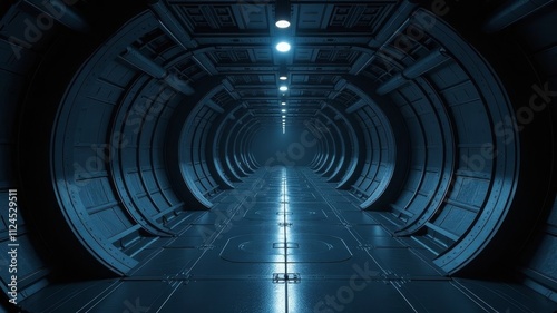 Dark modern bunker, gloomy corridor inside an alien spaceship, futuristic scene.