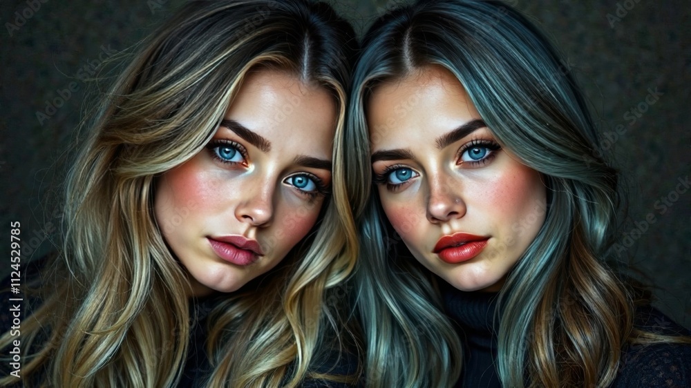 two women with different hair colors looking at the camera together two women with different hair colors looking at the camera together