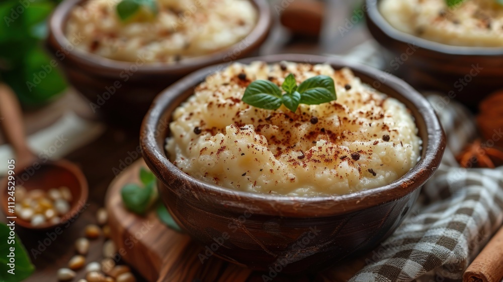 corn cream in brown ceramic bowl with cinnamon on top corn cream in brown ceramic bowl with cinnamon on top