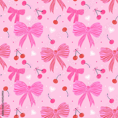 Seamless hand-drawn pattern featuring pink bows, red cherries, and white heart accents on a pastel pink background. 