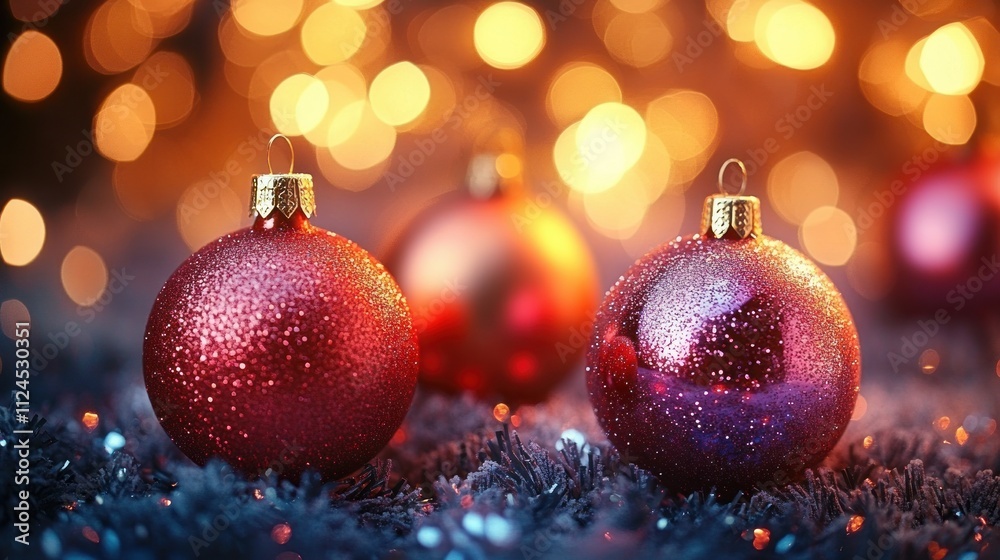 Close-up view of Christmas ornaments with bokeh lights red and gold baubles fir branch warm color palette decoration Close-up view of Christmas ornaments with bokeh lights red and gold baubles fir branch warm color palette decoration