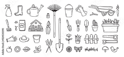 Gardener tools hand drawn doodle icons set. Hobby gardening. Garden items for plant care and backyard cleaning. Garden line clipart.