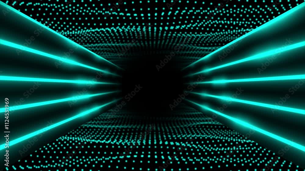 Cyan color circular dots neon lines 3d tunnel modern design Loop-able dark geometrical background