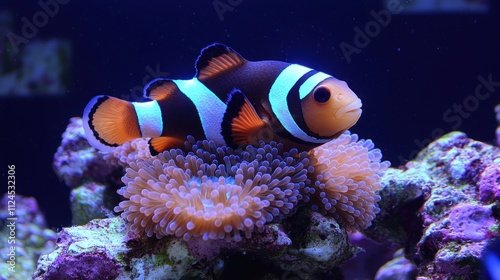 A clownfish resting on a vibrant coral reef. photo