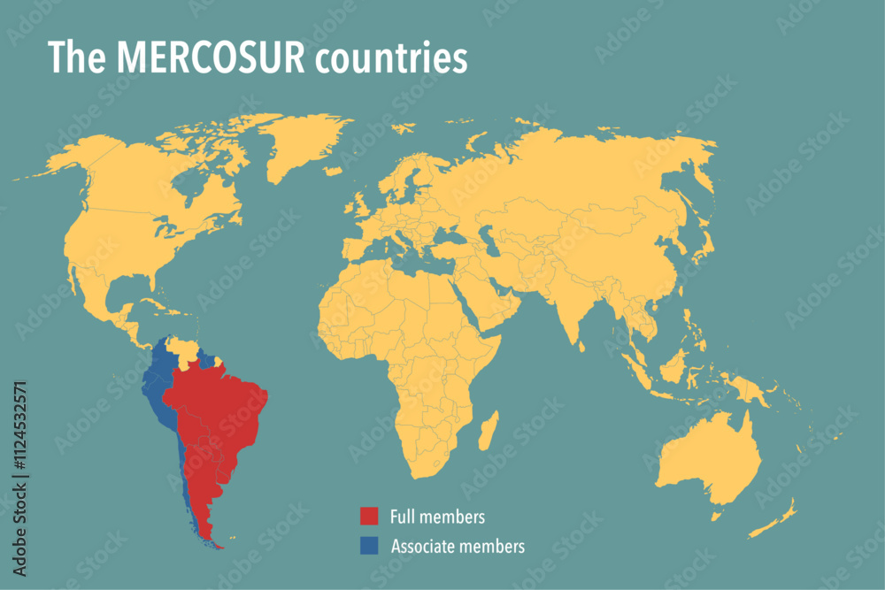 World Map Highlighting MERCOSUR Member Countries - Vector Illustration World Map Highlighting MERCOSUR Member Countries - Vector Illustration