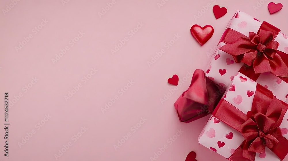 Valentine's Day themed gifts wrapped in heart-patterned paper with red bows and hearts on a pink background. copy space. Valentine's Day themed gifts wrapped in heart-patterned paper with red bows and hearts on a pink background. copy space.