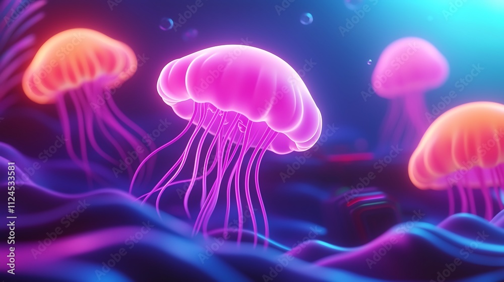 Glowing Jellyfish in Neon Ocean Underwater Fantasy Scene Glowing Jellyfish in Neon Ocean Underwater Fantasy Scene