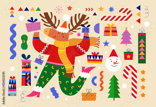 Christmas decorative banner with funny deer and gift boxes