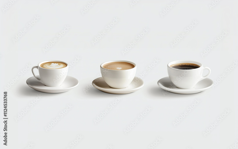 Variety of espresso drinks arranged on a minimalist cream background showcasing latte art and rich coffee textures Variety of espresso drinks arranged on a minimalist cream background showcasing latte art and rich coffee textures