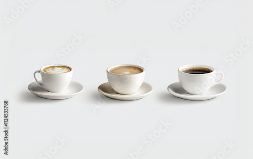 Variety of espresso drinks arranged on a minimalist cream background showcasing latte art and rich coffee textures