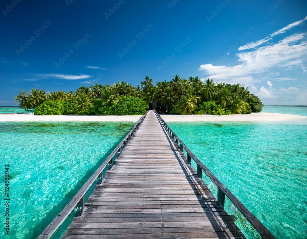 A scenic wooden pier stretching over turquoise waters to a paradise island in the Maldives, perfect for travel promotions and tropical lifestyle visuals A scenic wooden pier stretching over turquoise waters to a paradise island in the Maldives, perfect for travel promotions and tropical lifestyle visuals