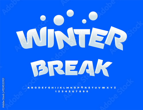 Vector holiday poster Winter Break. Glossy White Font. Trendy Alphabet Letters and Numbers set.