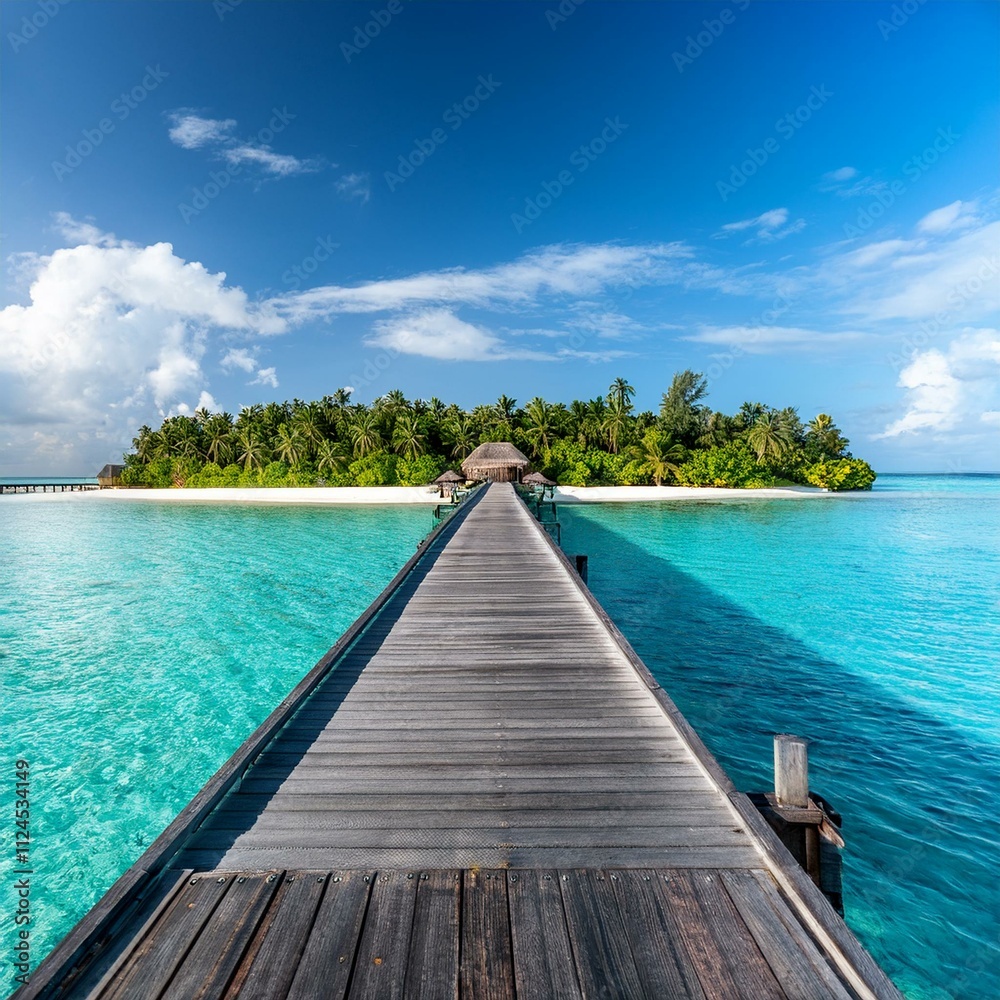Fototapeta premium A scenic wooden pier stretching over turquoise waters to a paradise island in the Maldives, perfect for travel promotions and tropical lifestyle visuals