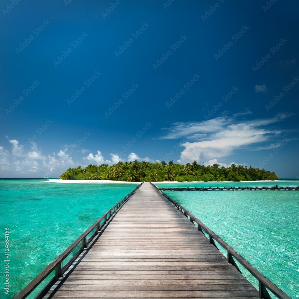 A scenic wooden pier stretching over turquoise waters to a paradise island in the Maldives, perfect for travel promotions and tropical lifestyle visuals A scenic wooden pier stretching over turquoise waters to a paradise island in the Maldives, perfect for travel promotions and tropical lifestyle visuals