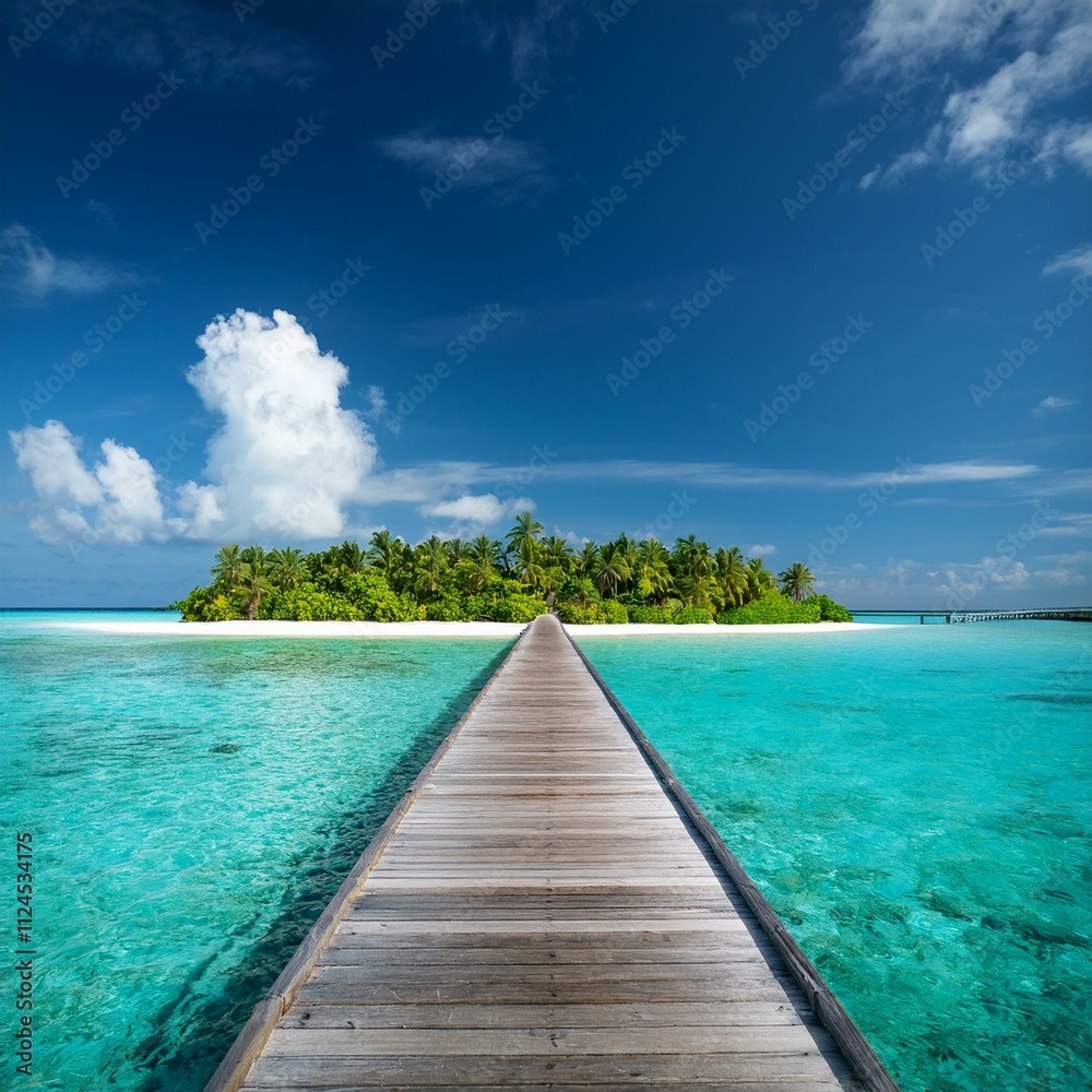 A scenic wooden pier stretching over turquoise waters to a paradise island in the Maldives, perfect for travel promotions and tropical lifestyle visuals A scenic wooden pier stretching over turquoise waters to a paradise island in the Maldives, perfect for travel promotions and tropical lifestyle visuals