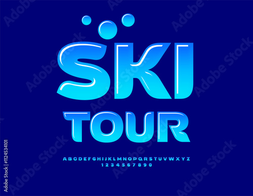 Vector travel Sign Ski Tour. Gradient Blue Font. Stylish Alphabet Letters and Numbers set