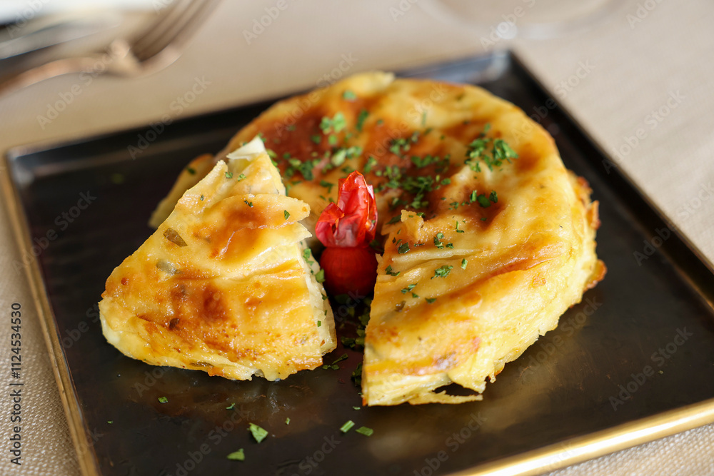 Delicious Turkish Börek with Cheese and Spinach, Flaky Pastry, Traditional Breakfast, Turkish Cuisine Delicious Turkish Börek with Cheese and Spinach, Flaky Pastry, Traditional Breakfast, Turkish Cuisine