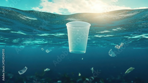 plastic cup floating underwater in the ocean sea pollution by garbage plastic problem. ai generative photo