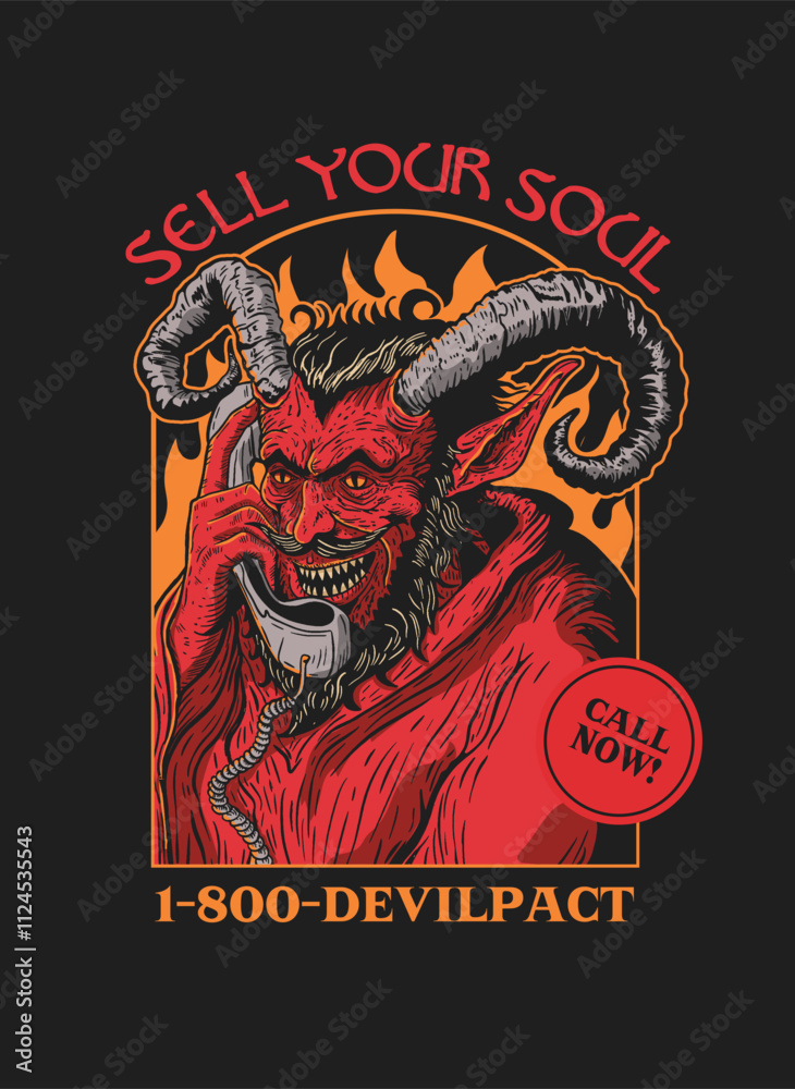 Obraz premium Hotline devil talking on the phone in a call center, surrounded by flames with the text 'Sell Your Soul' and '1-800-DEVILPACT.' Retro t-shirt print with bold, satirical dark humor and vintage style