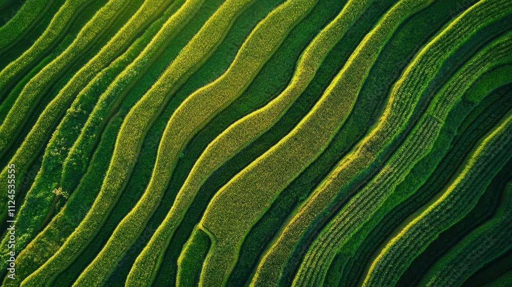 Lush Green Terraced Rice Fields Creating Abstract Patterns in Vibrant Nature Under Soft Evening Light, Capturing the Beauty of Agricultural Landscapes