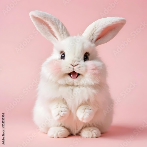 Cute Happy Anime Bunny on Pastel Pink Background. generated by ai photo