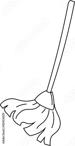 Simple outline of a mop with a long handle and cloth strands.