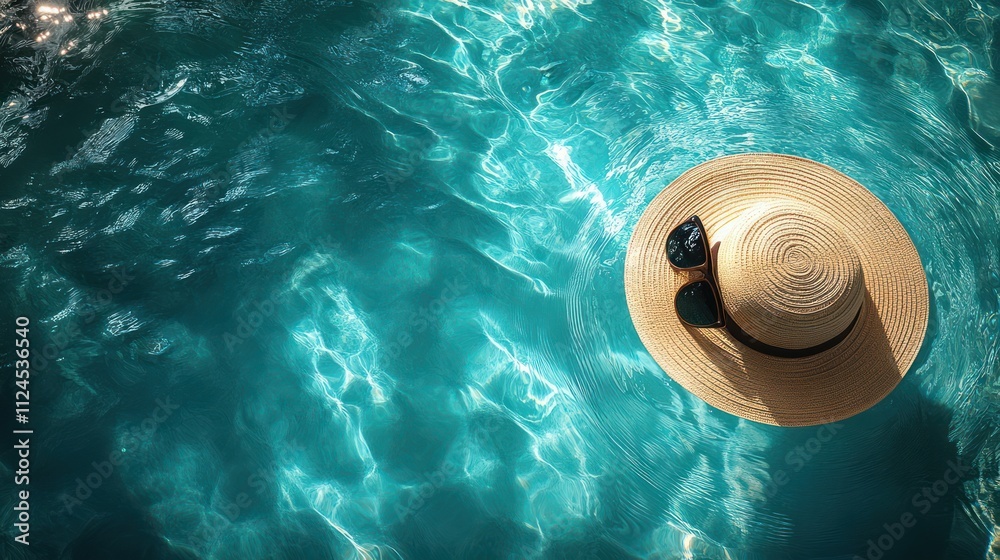 © zong - Smartphone on Poolside with Blank Screen Hat Sunglasses and Tropical Elements