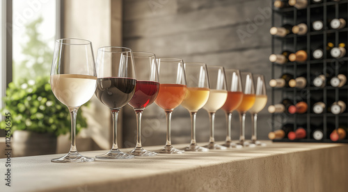 A row of wine glasses displaying different types and colors, each glass filled with various beverages such as reds, whites, yellows, roso,  arranged in an elegant line a photo