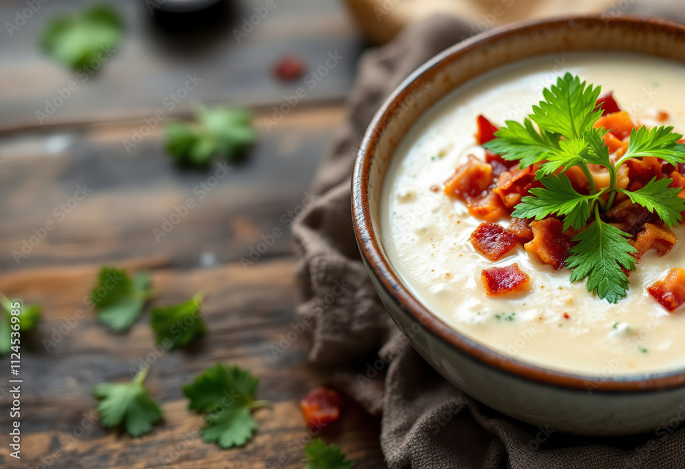 A bowl of creamy white soup garnished with green parsley leaves and crispy bacon bits on a wooden table A bowl of creamy white soup garnished with green parsley leaves and crispy bacon bits on a wooden table