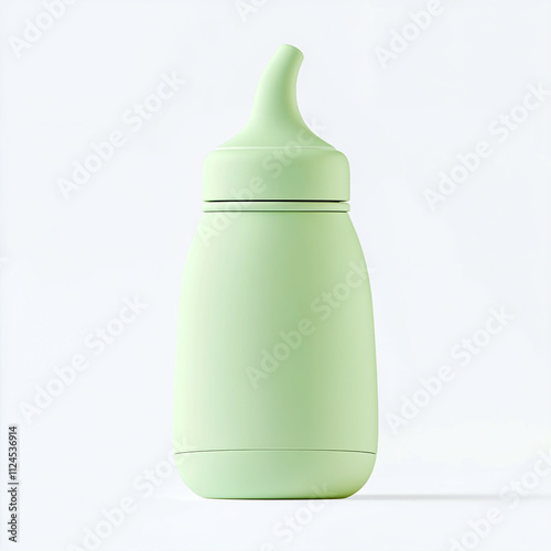 Green baby bottle with silicone nipple on white background. photo