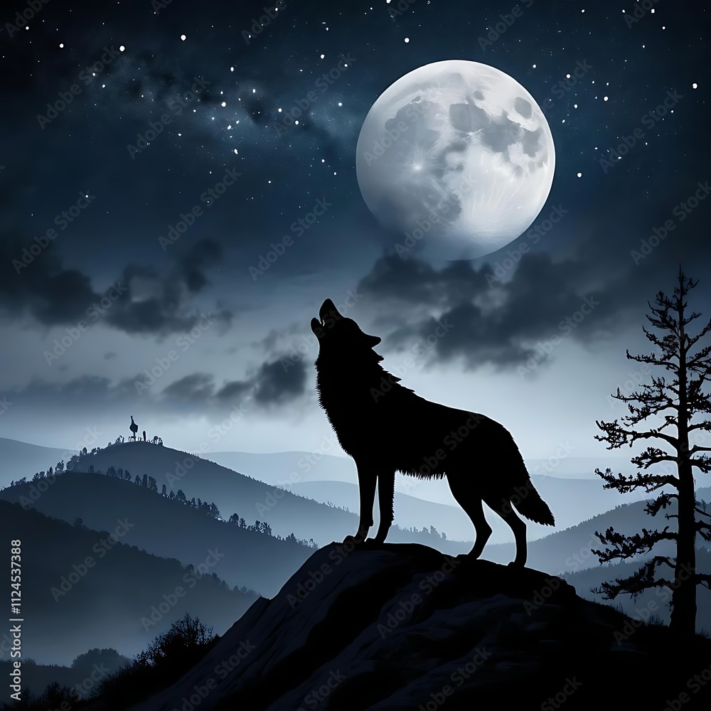 Wolf Howling at the Moon Silhouette Against a Starry Night Sky. generated by ai. Wolf Howling at the Moon Silhouette Against a Starry Night Sky. generated by ai.