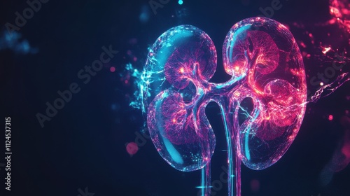 An abstract image of the human renal system with glowing kidneys and dynamic fluid flow patterns against a dark, neon background, Neon style