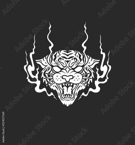 Tiger head with flames in a bold black-and-white illustration, featuring tribal-inspired details. Ideal for tattoo designs, t-shirt prints, or edgy graphic art
