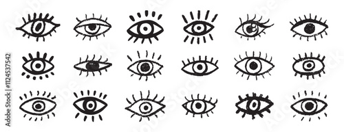 Grunge eyes hand drawn doodle icon set. Open black eyes with bold line. Monochrome eye element