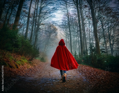 Little Red Riding Hood in a Dark Forest - Rear View, Fairy Tale Inspired